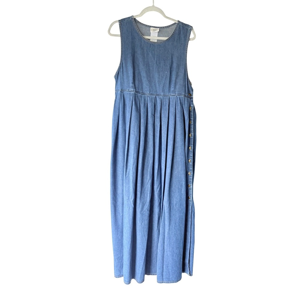 Vintage Laura Ashley Denim Maxi Dress Womens 10 Blue Pleated Pinafore Pockets
